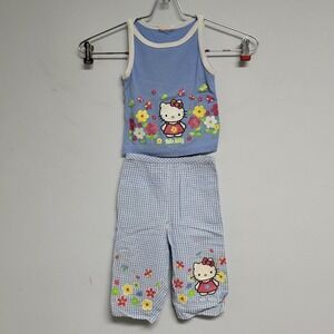 Hello‎ Kitty 2 Piece Set Girls Small Made in USA Cotton Floral Blue Vintage